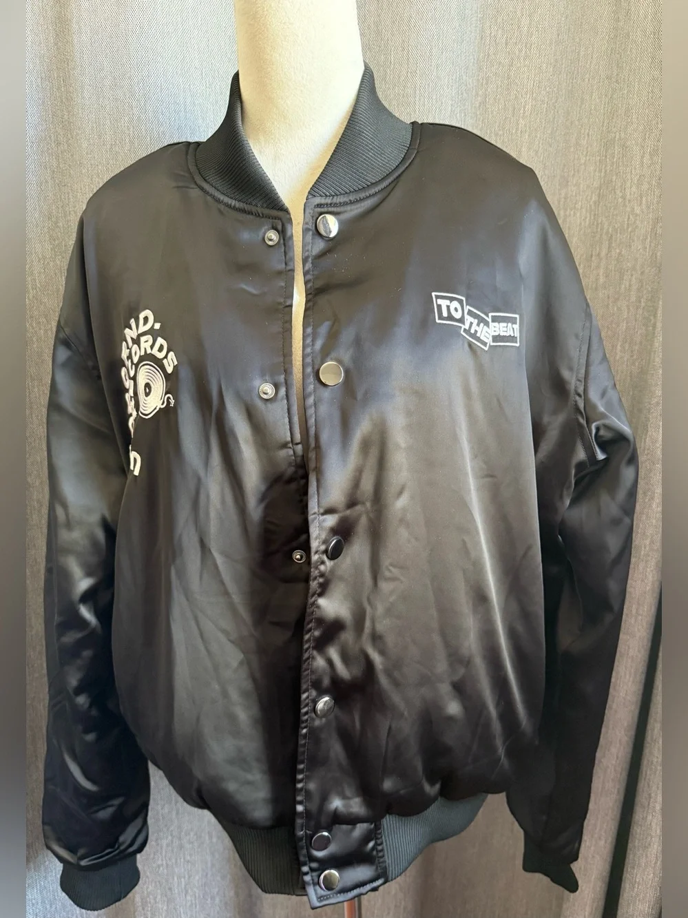 PacSun Black Satin 'UNDRGRND Records' Bomber Jacket with White Embroidery